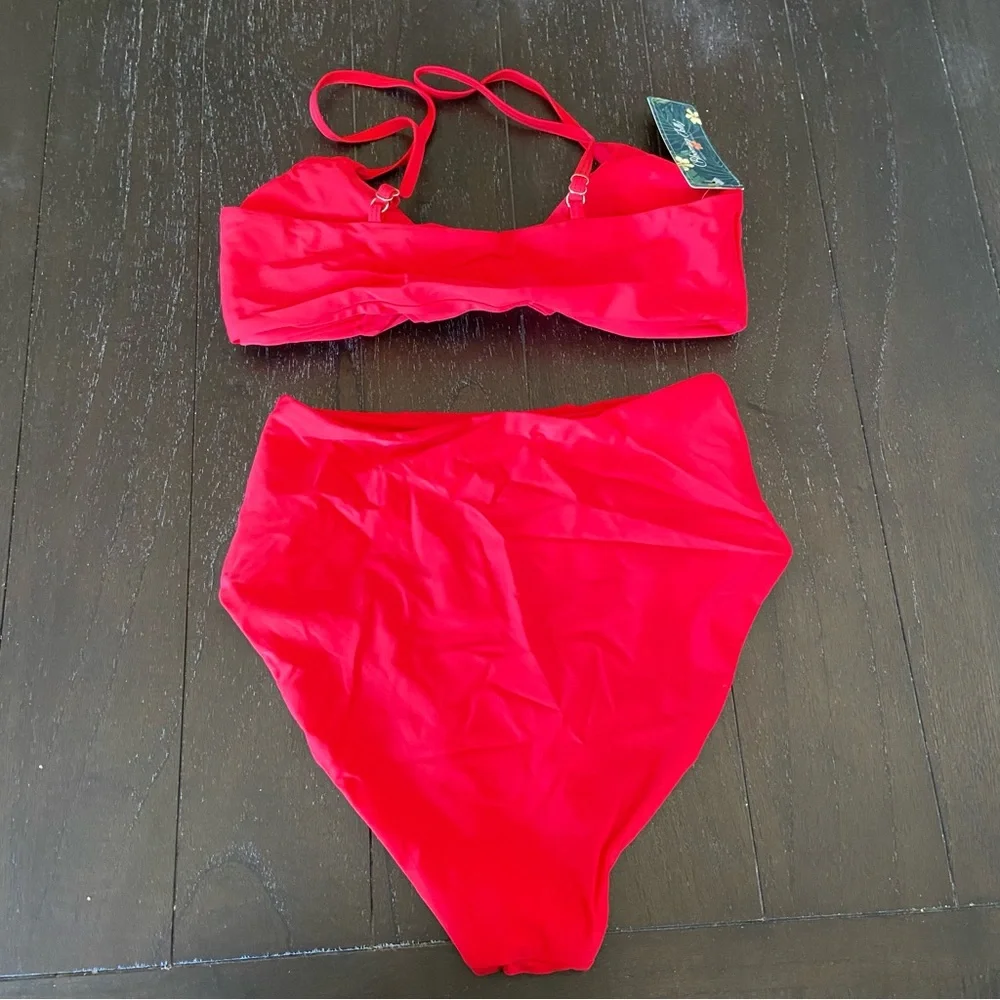 Blooming Jelly Womens Tie Knot High Rise Two Piece Cherry Red Swimsuit Small NWT